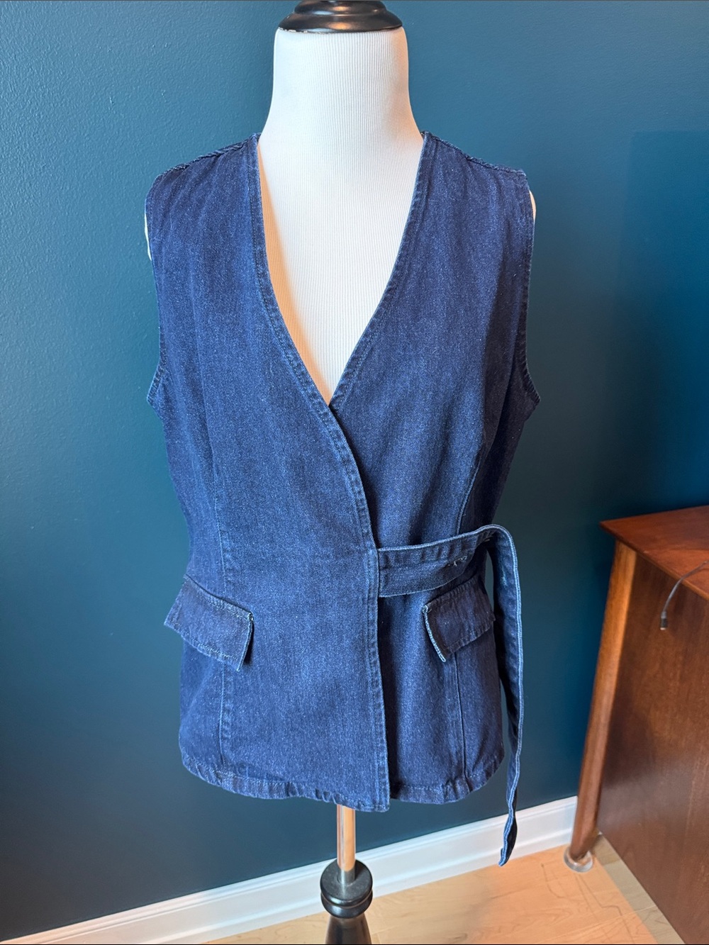 Classic Navy Denim Sleeveless Wrap Vest